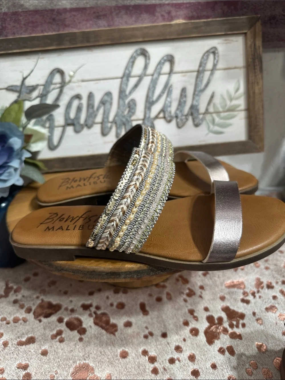NWOT Beaded Metallic Brinze and rose gold Slide Sandals for Women